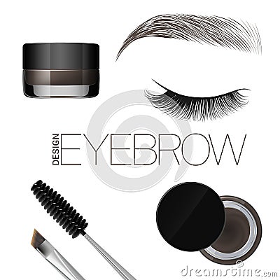 Coloring gel for eyebrows. Eyebrows makeup. Brush and comb for eyebrow. Beautiful closed eye and brow. Isolated on a white backgro Stock Photo
