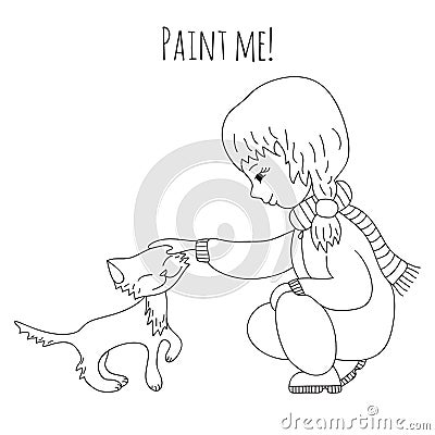 Coloring girl and cat Vector Illustration