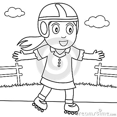 Coloring Girl with Rollerblade in the Park Vector Illustration