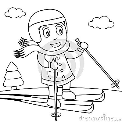 Coloring Girl Skiing on the Snow in the Park Vector Illustration