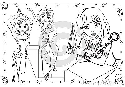 Coloring Girls In Egyptian Style Clothes And Hairstyles Vector Illustration