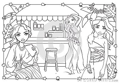 Coloring Girls At Hawaiian Party Near Bar Vector Illustration