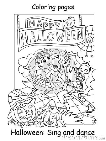 Coloring Halloween children in costumes of retro singers Vector Illustration