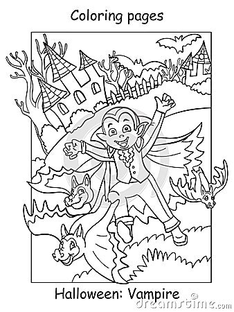 Coloring Halloween cute little vampire and bats Vector Illustration