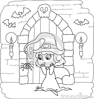 Coloring Halloween little witch Vector Illustration