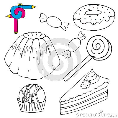 Coloring image cakes collection Vector Illustration