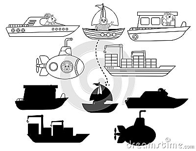 Coloring outline puzzle page for preschool kids. Find the correct shadow game. Matching. Transport for children. Black and white Vector Illustration