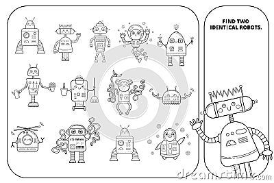 Coloring outline visual puzzle page for preschool kids. Find identical images game. Robots for children. Black and white Vector Illustration