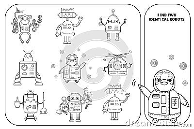 Coloring outline visual puzzle page for preschool kids. Find identical images game. Robots for children. Black and white Vector Illustration