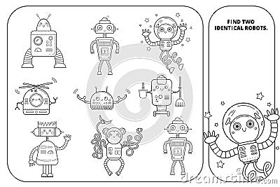 Coloring outline visual puzzle page for preschool kids. Find identical images game. Robots for children. Black and white Vector Illustration