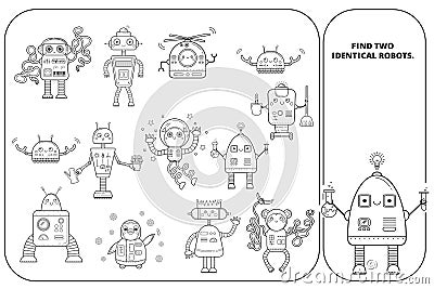 Coloring outline visual puzzle page for preschool kids. Find identical images game. Robots for children. Black and white Vector Illustration