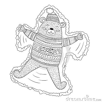 Coloring page adorable brown bear making snow angel in cute sweater with ornament. Vector illustration for books, coloring books Vector Illustration