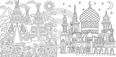 American wigwam village and turkish mosque Vector Illustration