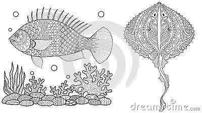 Coloring page for adult colouring book. Underwater world with stingray shoal, tropical fishes and ocean plants. Antistress freehan Vector Illustration