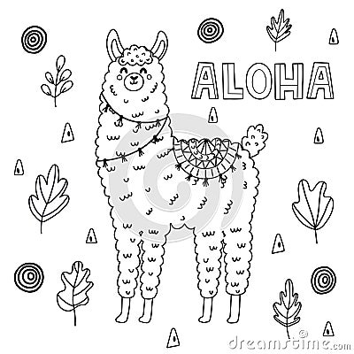 Coloring page for adults and kids with funny llama Vector Illustration