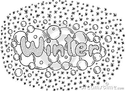 Coloring page for adults with mandala and Winter word. Doodle le Vector Illustration