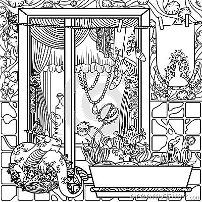Coloring page for adults with neighbor window with dragon nest and fantastic surroundings Stock Photo