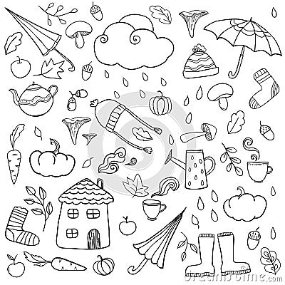 Coloring page with autumn icons. Vector Illustration