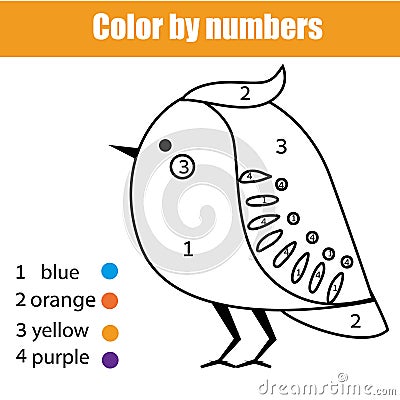 Coloring page with bird. Color by numbers educational children game, drawing kids activity Vector Illustration