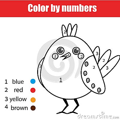 Coloring page with bird. Color by numbers educational children game, drawing kids activity Vector Illustration