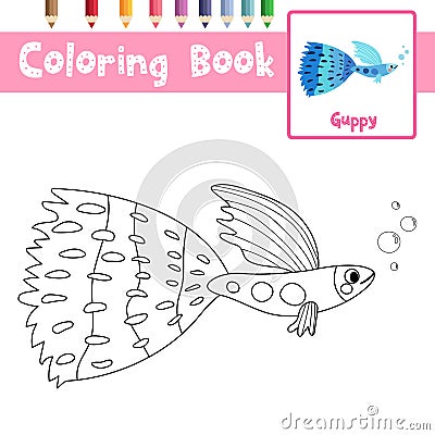 Coloring page Blue Guppy fish animal cartoon character vector illustration Vector Illustration