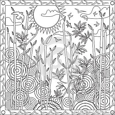 Coloring Page Book for Adults Square Format Bamboo Japanese Design Sunset Vector Illustration Vector Illustration