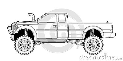 Coloring page for book and drawing. Offroad drive vehicle. Black contour sketch illustrate Isolated on white background. Vector Illustration