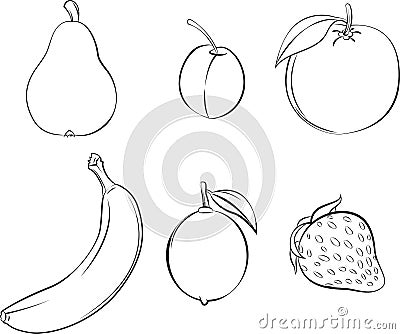 Coloring page. Coloring book in vector. Vector illustration of fruits in outline. Pear, plum, orange, banana, lime and strawberry Vector Illustration