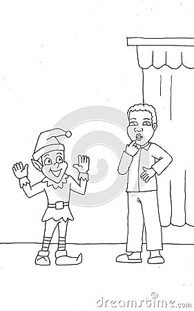 coloring page a boy is surprised to see a dwarf suddenly in front of him Cartoon Illustration