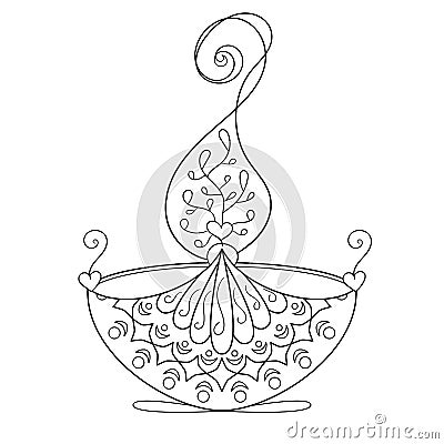 Coloring page with burning diya diwali light Vector Illustration