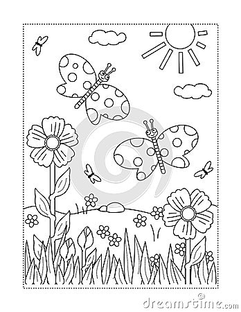 Coloring page with butterflies, flowers, sun, grass Vector Illustration