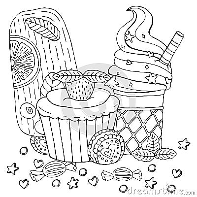 Coloring page with cake, cupcake, candy, ice cream and other dessert Vector Illustration