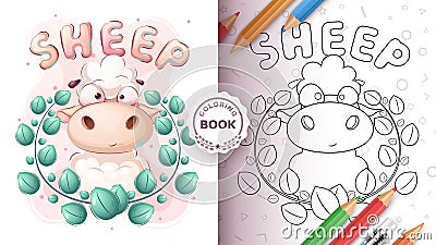 Cartoon character pretty animal lamb - coloring book Vector Illustration