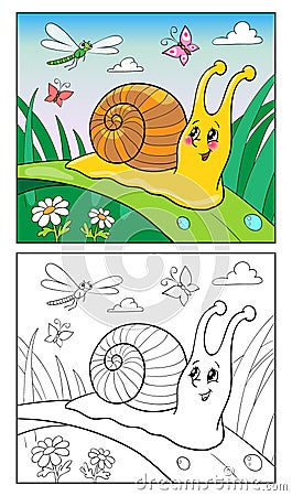 Coloring Page Cartoon Illustration of Funny Snail for Children. Vector Illustration