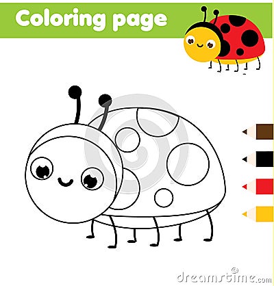 Coloring page with cartoon ladybug. Drawing kids activity. Printable fun for toddlers and children Vector Illustration