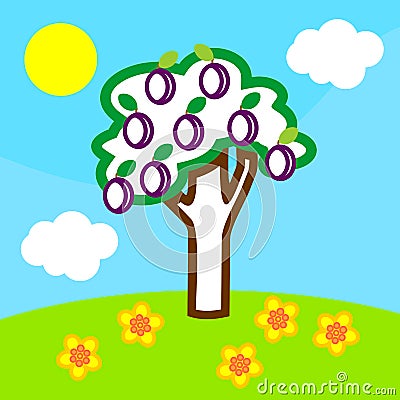 Coloring page. Cartoon summer landscape with plum tree with fruits Stock Photo