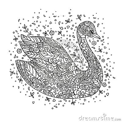 Coloring page. Cartoon swan, decorated with ornaments. Vector doodling .nd. Vector Illustration