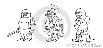 Coloring page of cartoon three medieval knights prepering for Knight Tournament Vector Illustration