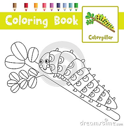 Coloring page Caterpillar crawling on the branch animal cartoon character vector illustration Vector Illustration