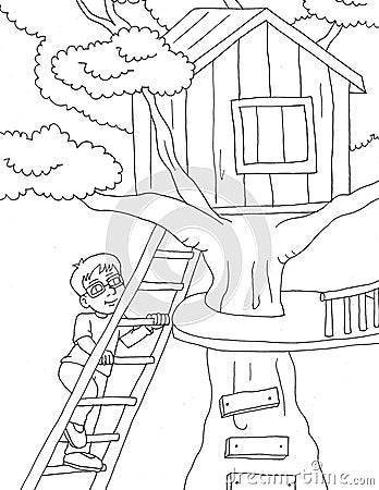 coloring page of a child wearing glasses climbing the stairs to the tree house Cartoon Illustration