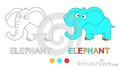 Coloring page for children with elephant and hand draw letters. Vector Illustration