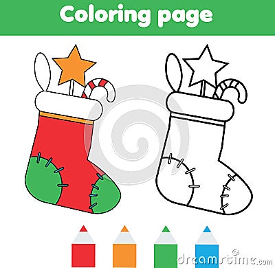 Coloring page with Christmas sock with gifts. Drawing kids game. Printable activity. New year winter holidays theme Vector Illustration