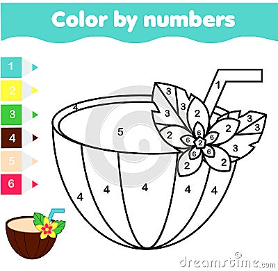 Coloring page with coconut cocktail. Color by numbers picture for toddlers and kids. Educational children game for summer holidays Vector Illustration