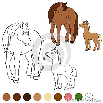 Coloring page. Color me: horse. Mother horse with foal. Vector Illustration