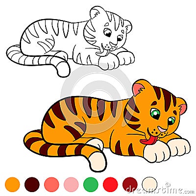 Coloring page. Color me: tiger. Little cute baby tiger. Vector Illustration