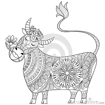 Coloring page with Cow, zenart stylized hand drawing Milker illustration, tribal totem, mascot, doodle animal for art therapy boo Vector Illustration