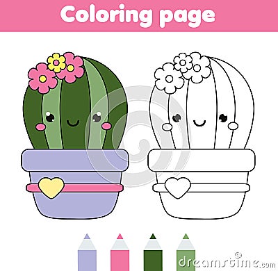 Coloring page with cute cactus. Drawing kids game. Printable activity Vector Illustration