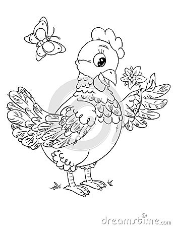 Coloring page with cute cartoon hen holding a flower on a white background Stock Photo