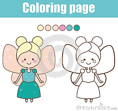 Coloring page with cute fairy character. Color by numbers educational children game, drawing kids activity. Vector Illustration