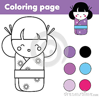 Coloring page with cute japanese kokeshi doll. Children educational game, drawing activity Vector Illustration